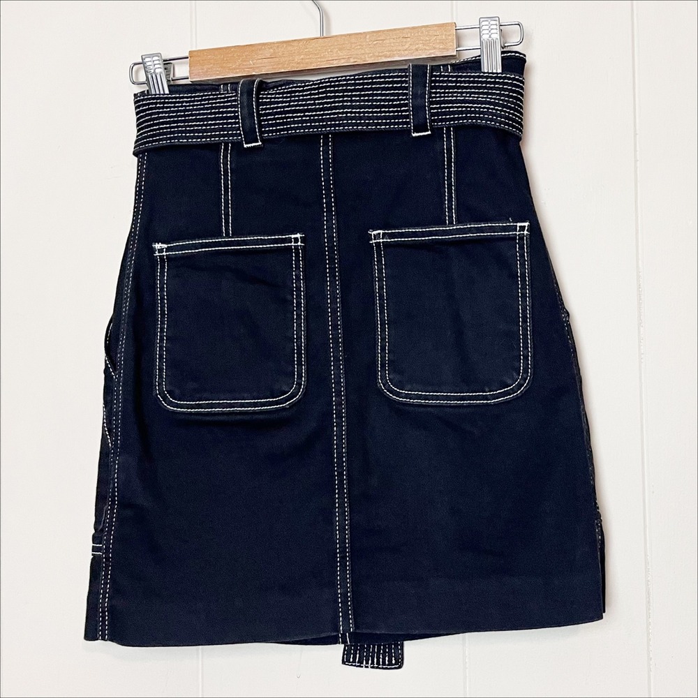 Sandro Paris Black Denim Mini Skirt 1 Small Belted Pockets A-Line Minimalist - Picture 5 of 10